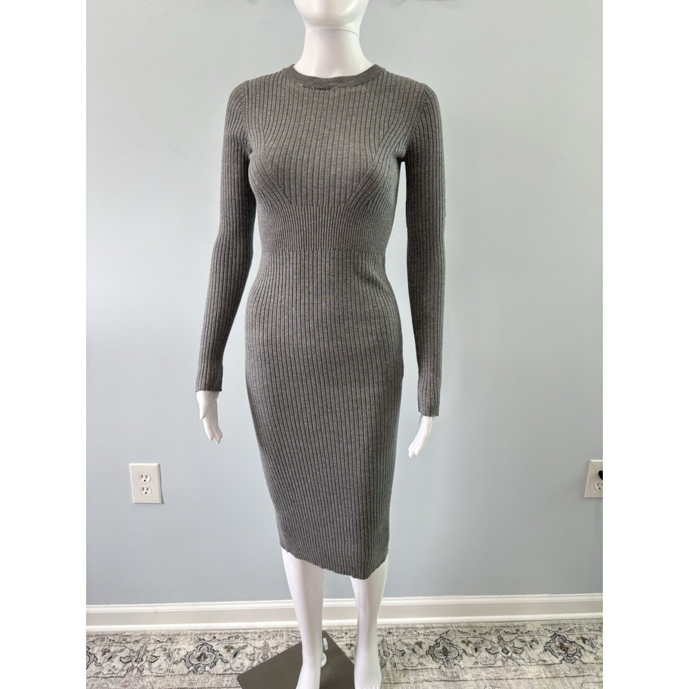 Bershka Ribbed Knit Midi Dress XS Gray Long Sleeve Bodycon Fitted